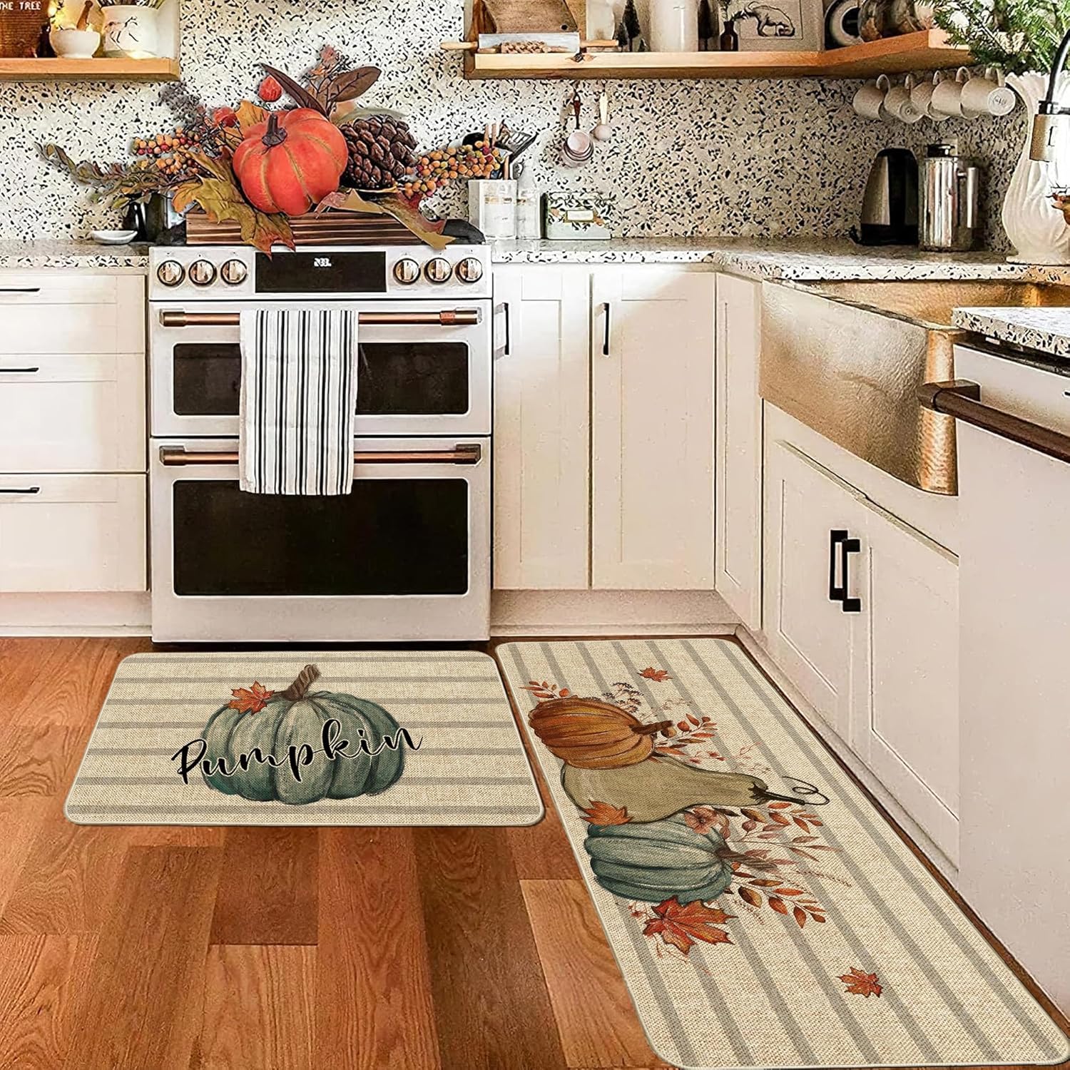 Thanksgiving Fall Vintage Harvest Pumpkin Kitchen Mats Set of 2, Autumn Grateful Kitchen Rugs Seasonal Low Profile Floor Mat Farmhouse Non-Slip Runner Home Decor 17x29 and 17x47 Inch