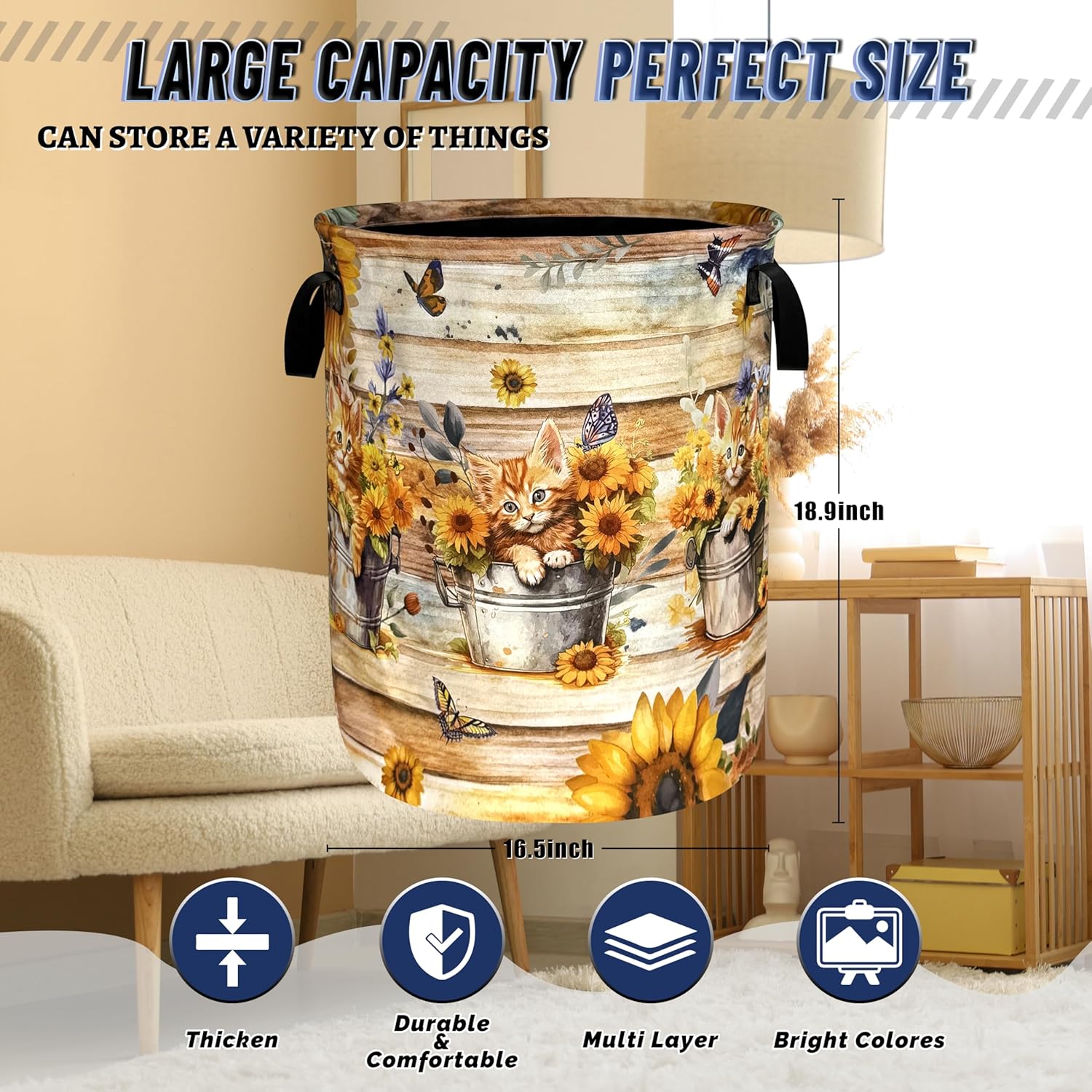 Cats Laundry Hamper Oxford Cloth Sunflowers Animal Cats Laundry Basket With Handle Portable Clothes Storage Basket Foldable Funny Laundry Bag 18.9"x16.5" For Laundry Room/Bedroom/Bathrooms