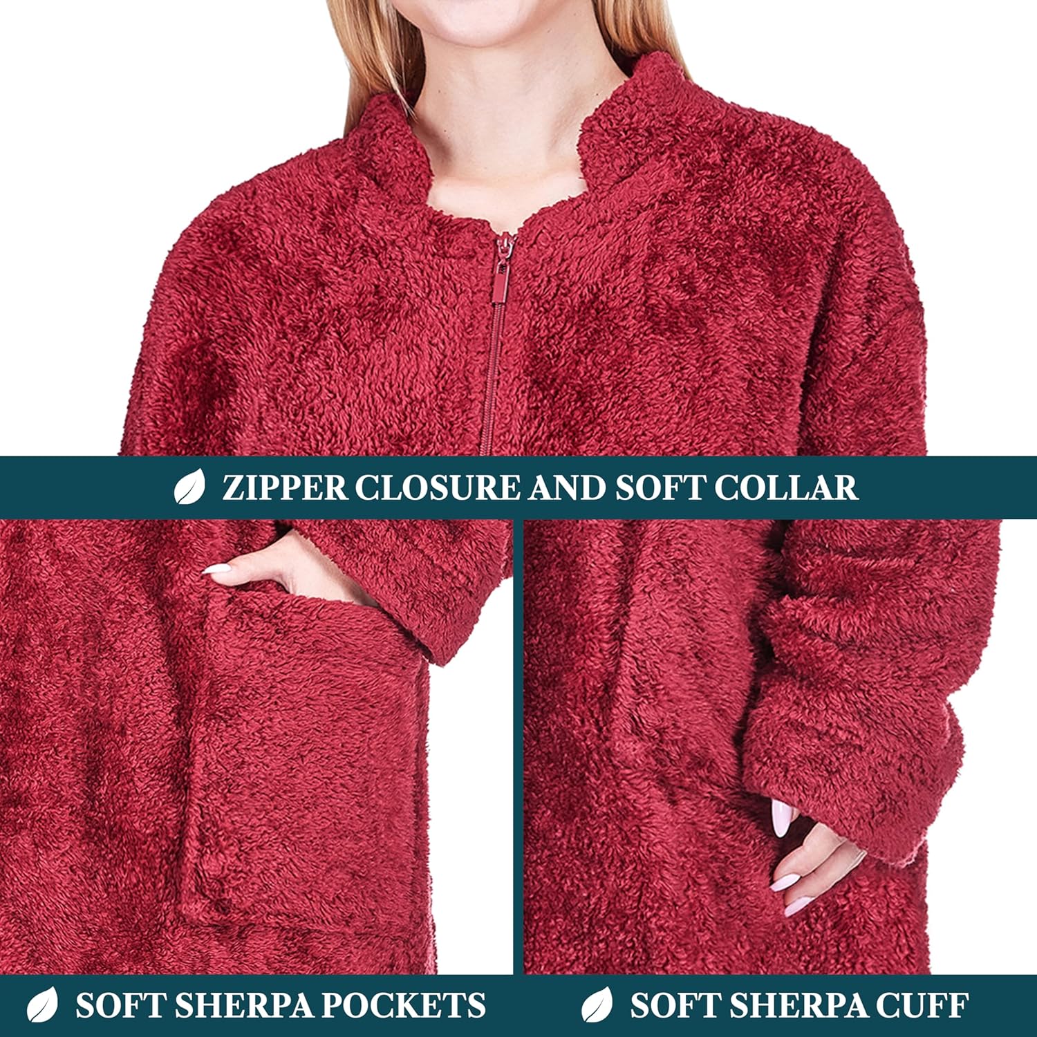 PAVILIA Womens Housecoat Zip Robe, Sherpa Zip Up Front Robe Bathrobe, Plush Warm Zipper House Coat Lounger, Pockets Fluffy - Image 5