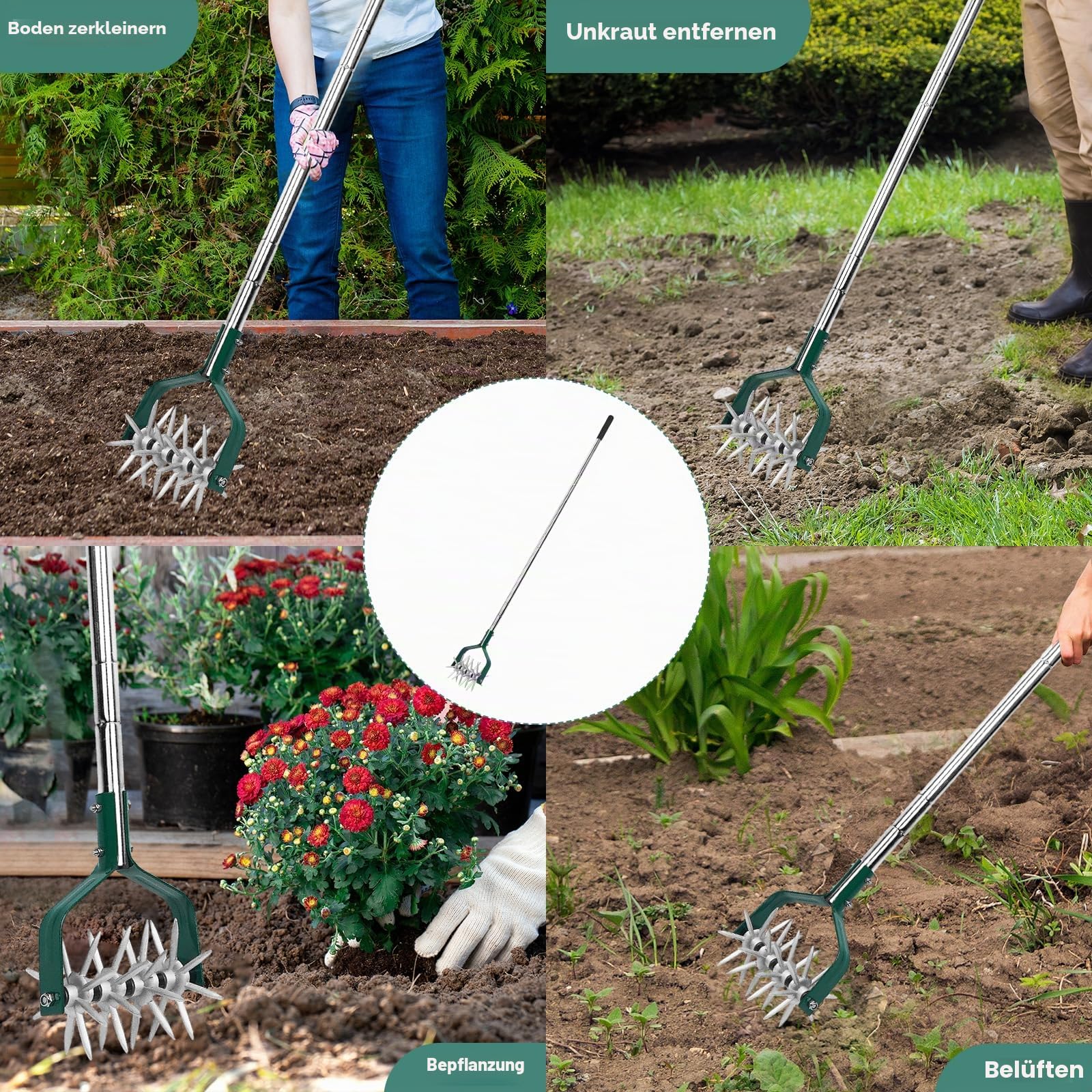 Yeelor Rotary Grubber Pinne Einstellbarer S/S Griff Rotary Pinne mit abnehmbaren massiven Metallzinken Gartenkultivator Rasenfräse und manuelle Pinne zum Lösen und Mischen von Erde