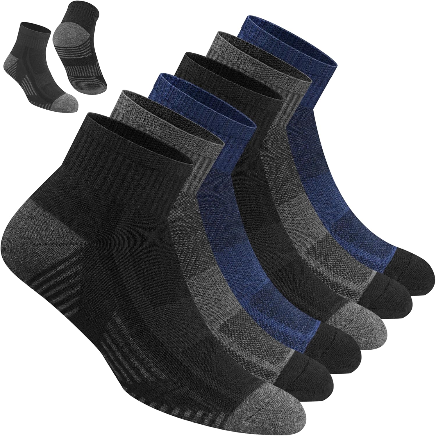 NAVYSPORT 6 Pairs Mens Cotton Sports Socks, Quarter Length Black