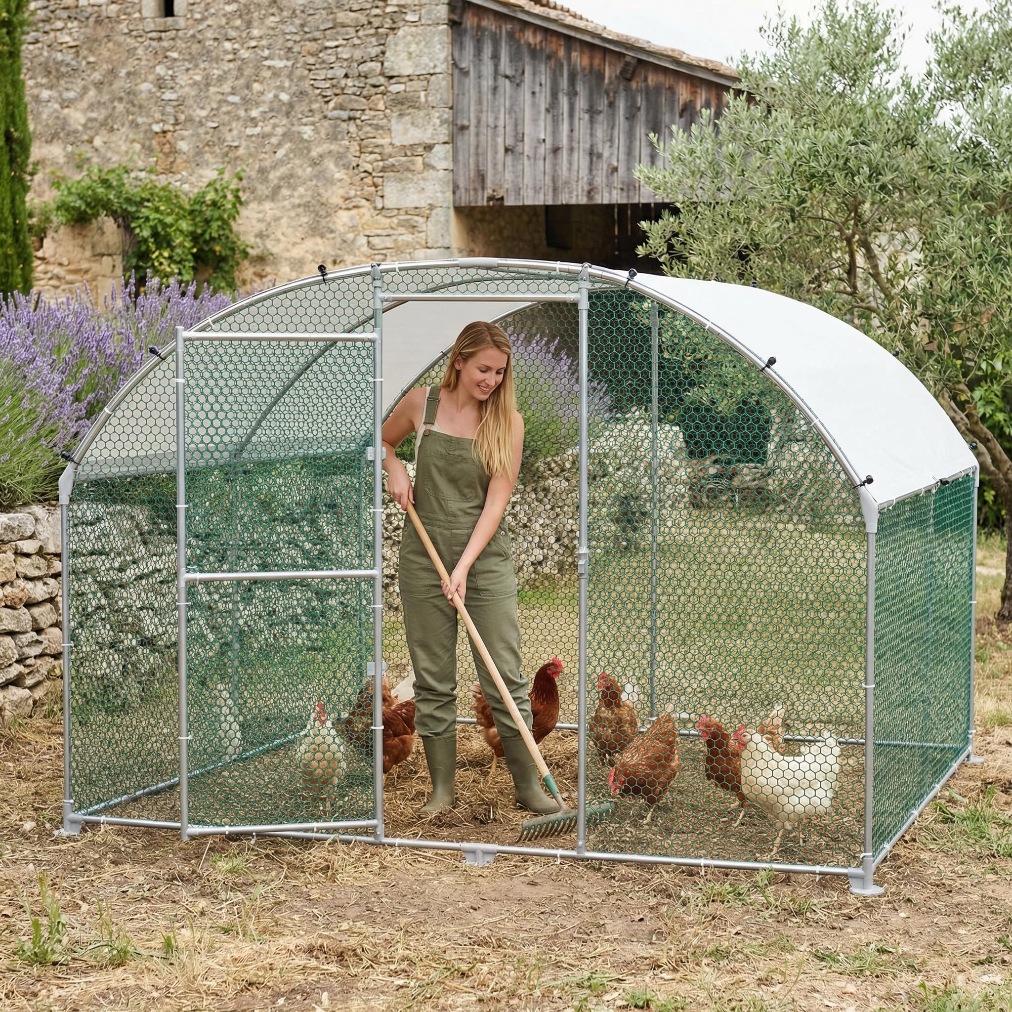 Freilaufgehege Bogen Dach 3x8x2m,Hühnerstall aus Verzinkter Stahl Mit PE Dachabdeckung,Verdickte PVC Verbinder &Riegel für Haustierkäfig Hühnerkäfig Kleintiere Pflanzen