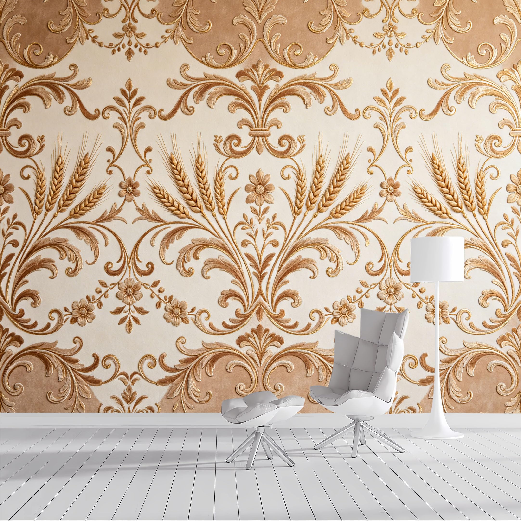 Custom Size Wall Mural Baroque Wheat Floral Pattern Embossed Texture SelfAdhesive Wall Fabric Removable Peel and Stick Wallpaper Wall Decor for Living Room Bedroom Bathroom