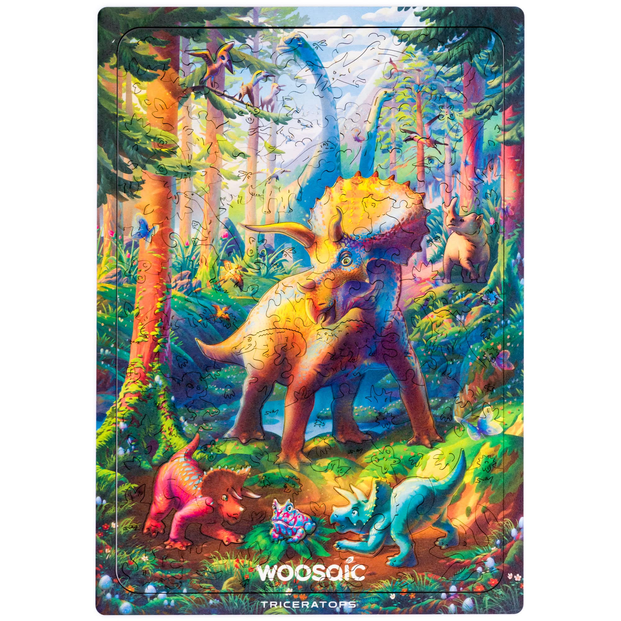 WOOSAIC Wooden Dinosaur Jigsaw Puzzle - Triceratops, 100 pcs, 7,4" х 10,5", Smooth Wood Edges, Unique Dino Shaped Pieces, Includes 3D Dino Toy, Learning Gift for Kids & Adults