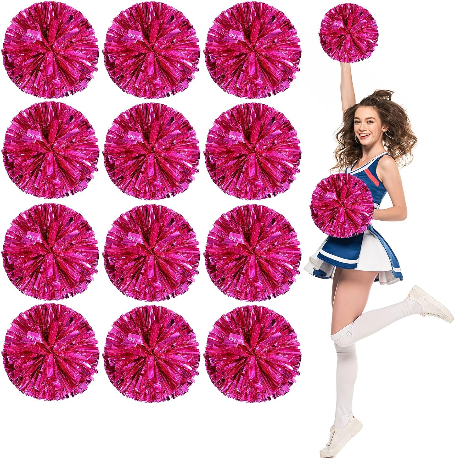 12 PCS Cheerleading Poms, Cheerleader Pompoms Hand Flowers,For Dancing, Cheerleading, Sports Parties Metallic Foil Pompoms (Pink)