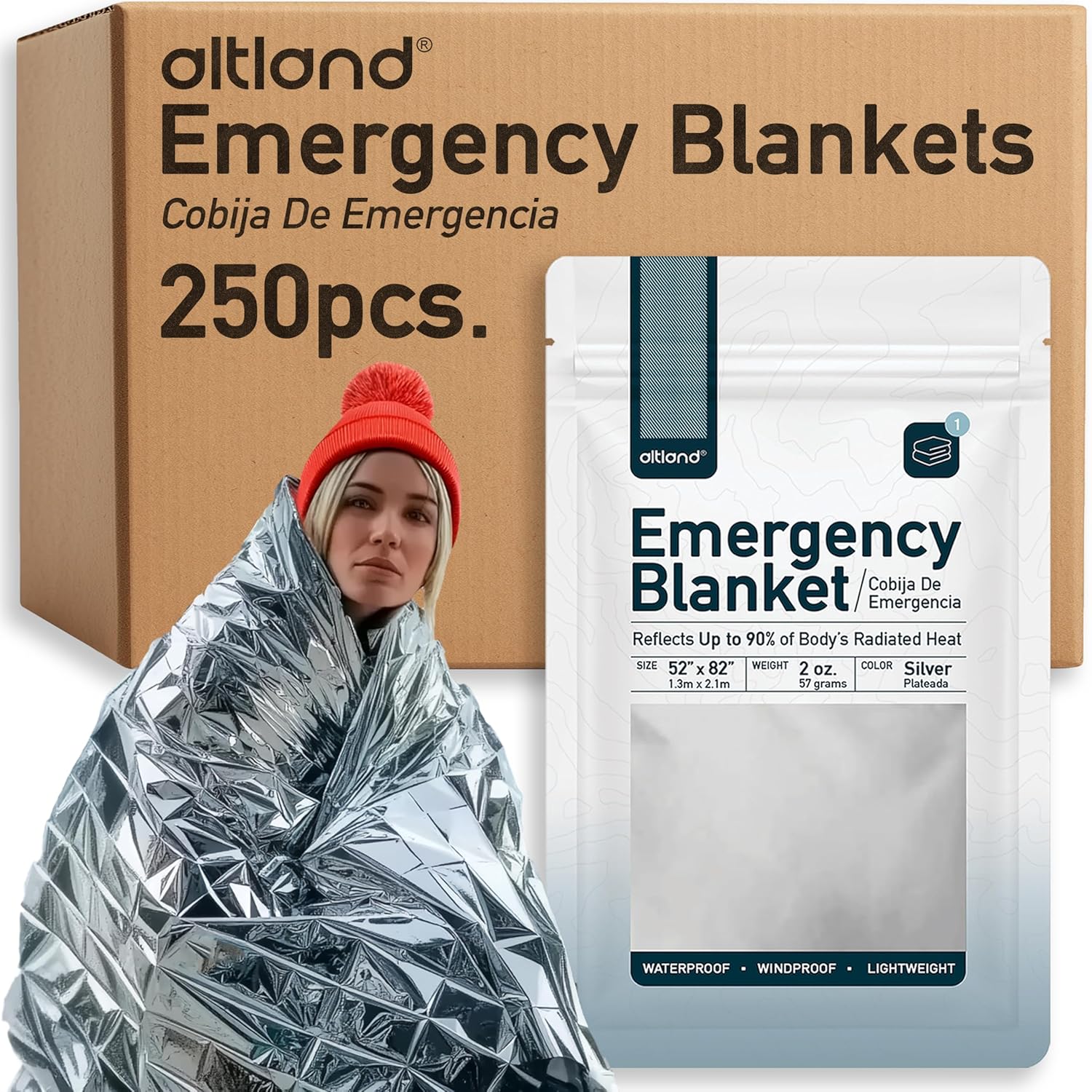 Altland 250 Pack of Emergency Blankets – Heat Reflective Blankets for Winter Survival Kits, Disaster Preparedness, Cold Weather Camping, and Homeless Care Packages Altland 250 Pack of Emergency Blankets – Heat Reflective Blankets for Winter Survival Kits, Disaster Preparedness, Cold Weather Camping, and Homeless Care Packages