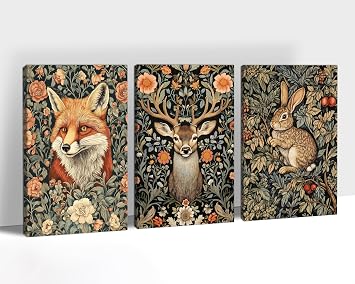 Hzddty 3 Piece William Morris Botanical Vintage Wall Art Print Framed, William Morris Vintage Animals Posters Fox Deer Rabbit Canvas Wall Art for Living Room Ready to Hang 8123pcs