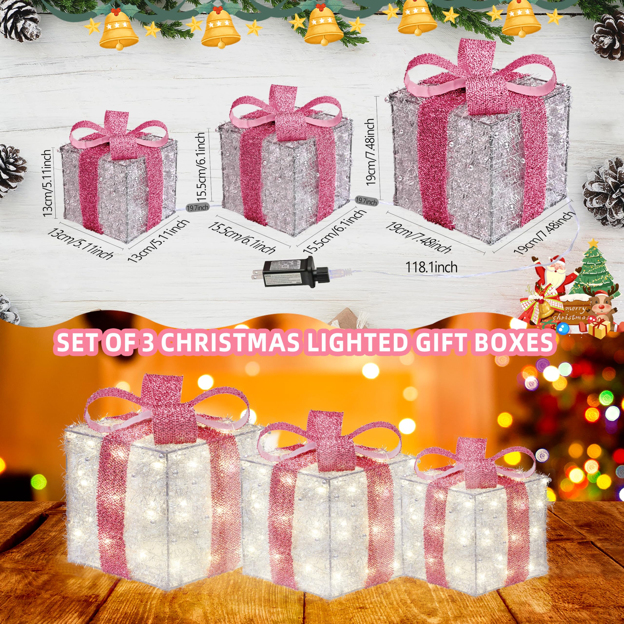 Christmas Decorations, 140 LEDs Set of 3 Lighted Gift Boxes with Silver Tinsel and  Bows, Warm White Present Boxes for Indoor Outdoor Holiday Party Yard Bedroom Home Xmas Decor