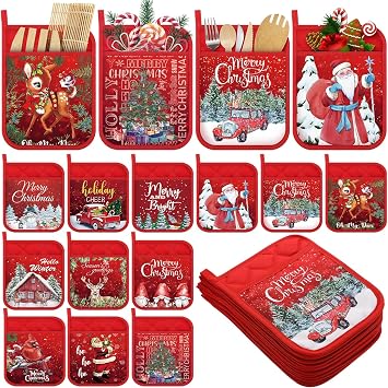 Roshtia 12 Pcs Christmas Pot Holders with Pocket Retro Xmas Farmhouse Pot Holders for Kitchen Winter Hot Pads Oven Mitts Cookie Bag Cute Heat Resistant Oven Gloves for Kitchen Gift Baking Cooking