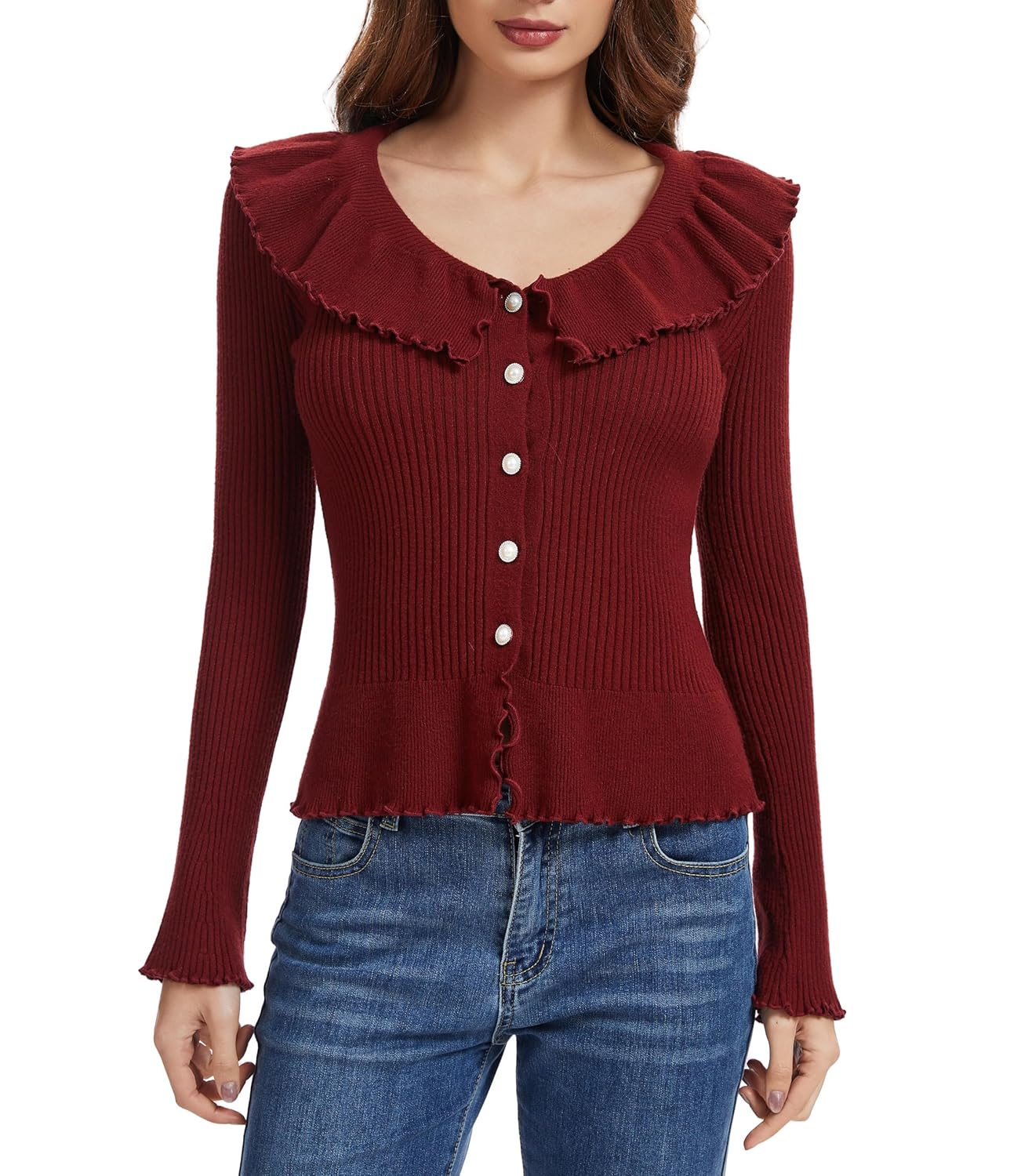 J Corrine Stretch Ruffle Cardigans for Women Long Sleeve Sweater Ruffled Collar Hem V-Neck Ribbed Knit Soft Pearl