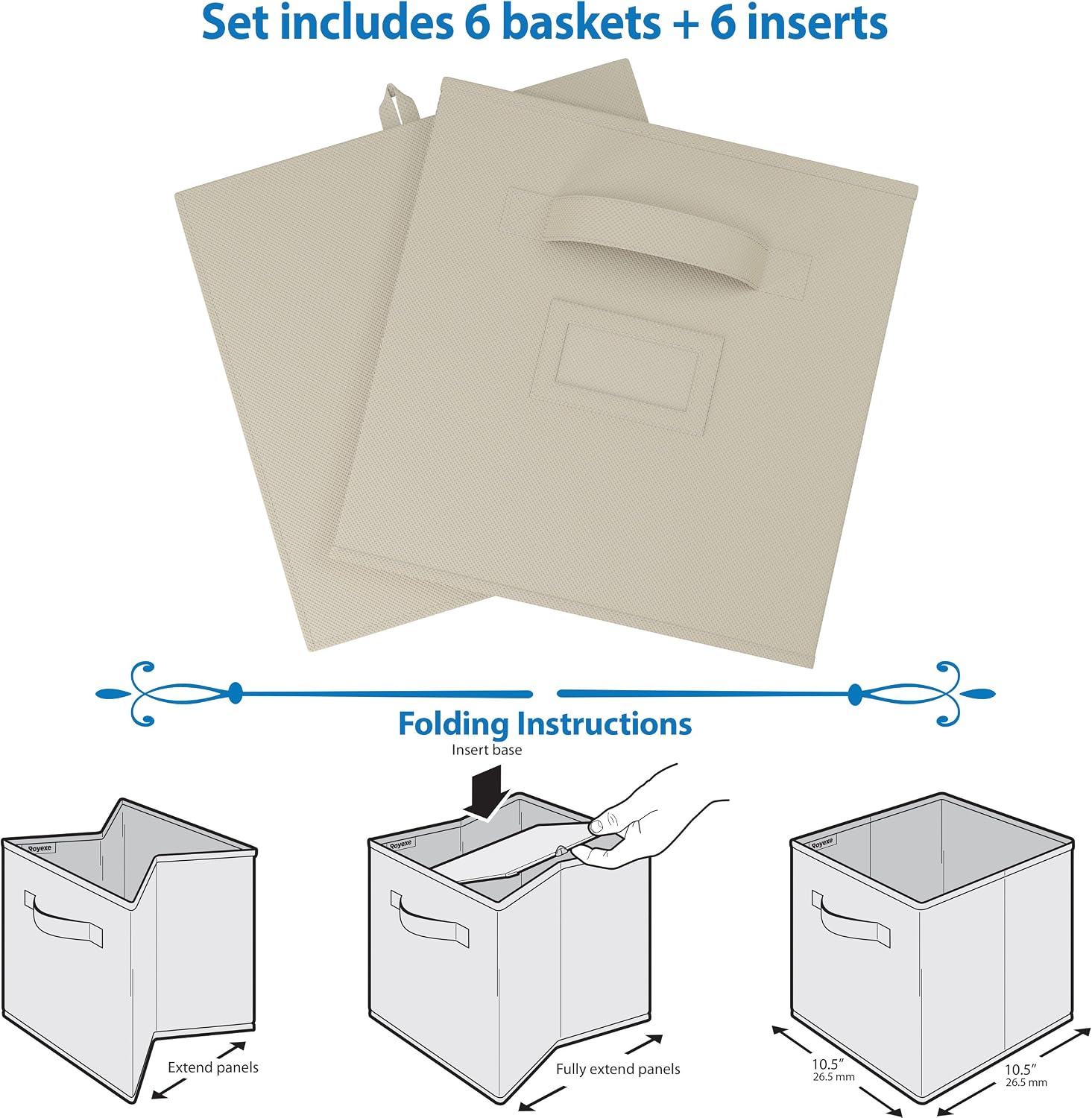 Royexe - Storage Cubes - (Set Of 6) Storage Baskets | Features Dual Handles & Label Window with 10 Label Cards | Cube Storage Bins | Foldable Fabric Closet Shelf Organizer (Beige)