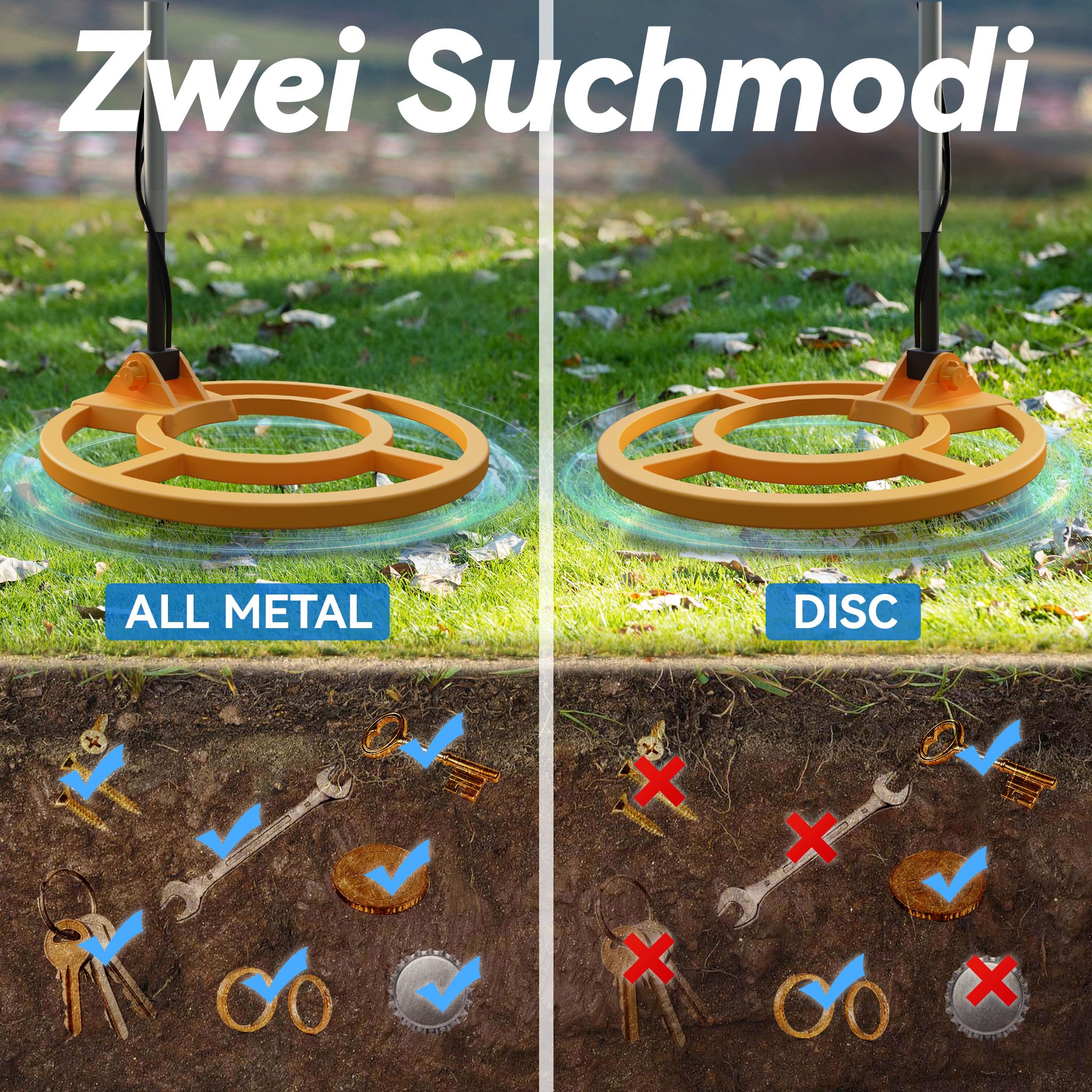 XMTECH Profesjonalny wykrywacz metalu z wodoodporną cewką 24,5 cm, 2 trybami, regulowana 80-105 cm, kompletny zestaw ze słuchawkami i szuflą wielofunkcyjną, wykrywacz metalu dla dzieci i dorosłych