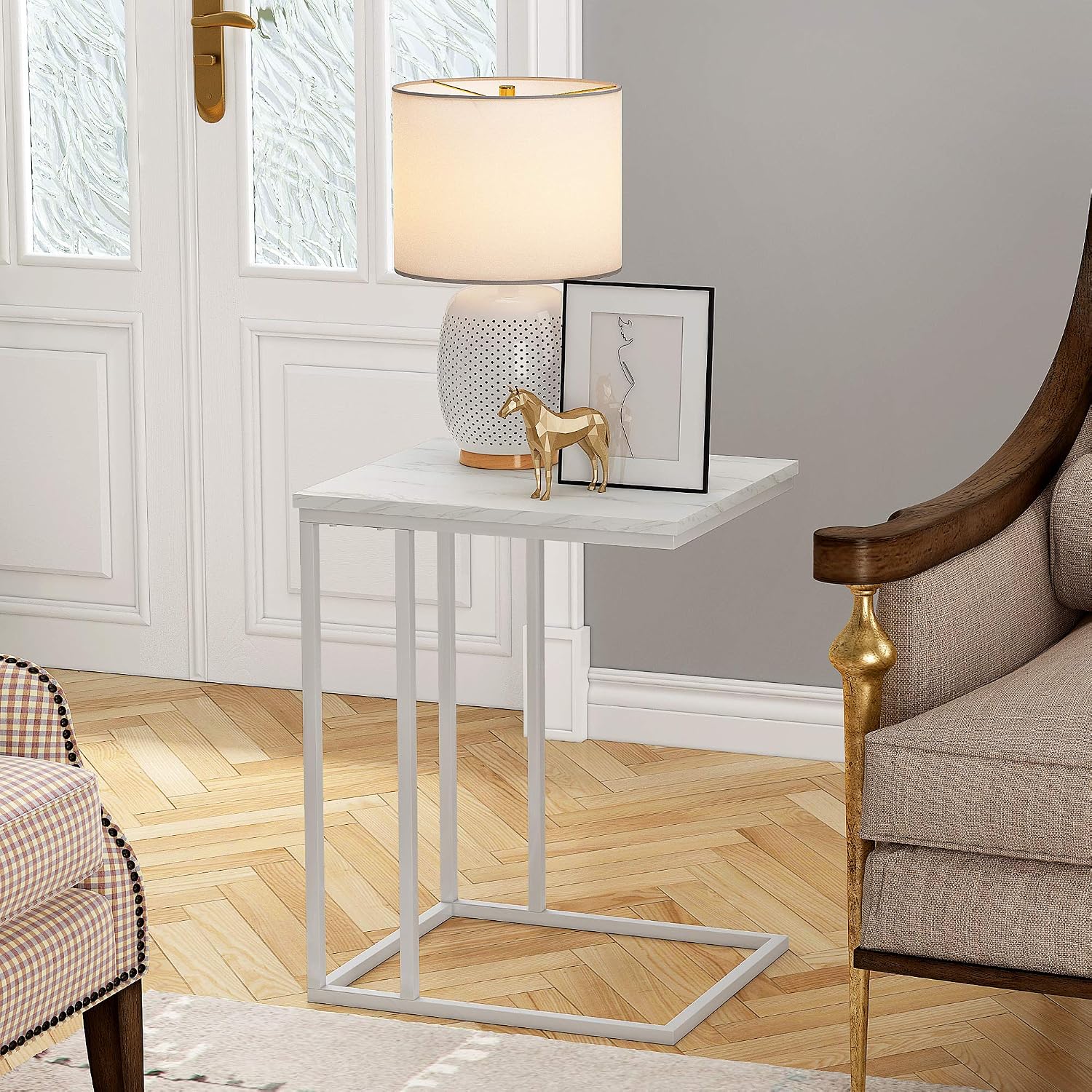 HOMEFORT Sofa Side End Table, Industrial Side Table, C Shaped Table, Coffee Tray Side Desk, Beside Bed Sofa Portable Workstation, Laptop Holder Table, Wood Tabletop with Sturdy Metal Frame (1, White)