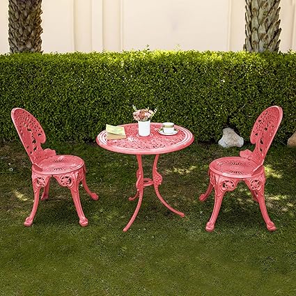 OUTLIVING Cast Aluminium 2 Seater Garden Patio Seating Chair and Table Set for Balcony Home Outdoor Patio Furniture with 1 Table and 2 Chair - (Red)