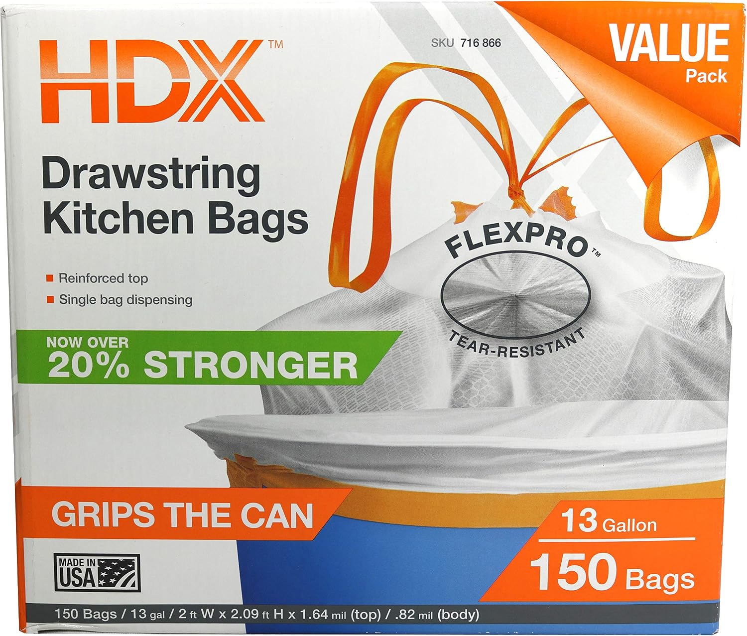 HDX 716866 13-Gallon Drawstring .9 Mil Tear Resistant Expandable Kitchen Trash Bag w/ Dispensing Container (150 Count) [Packaging May Vary]