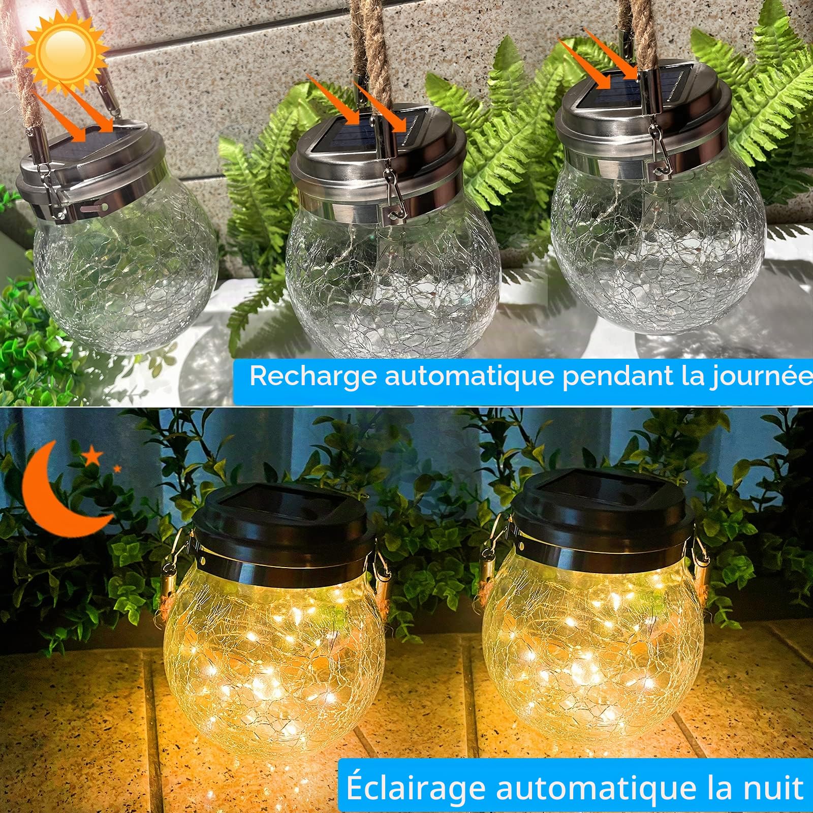 Lampe Solaire Extérieur Suspendu, [2 pièces]XVZ Lanternes d'extérieur sphérique en verre IP65 étanche pour Jardins, Cours, Arbres, Vérandas, pavillons, Terrasse, Ramadan, Noël(lumière chaude)