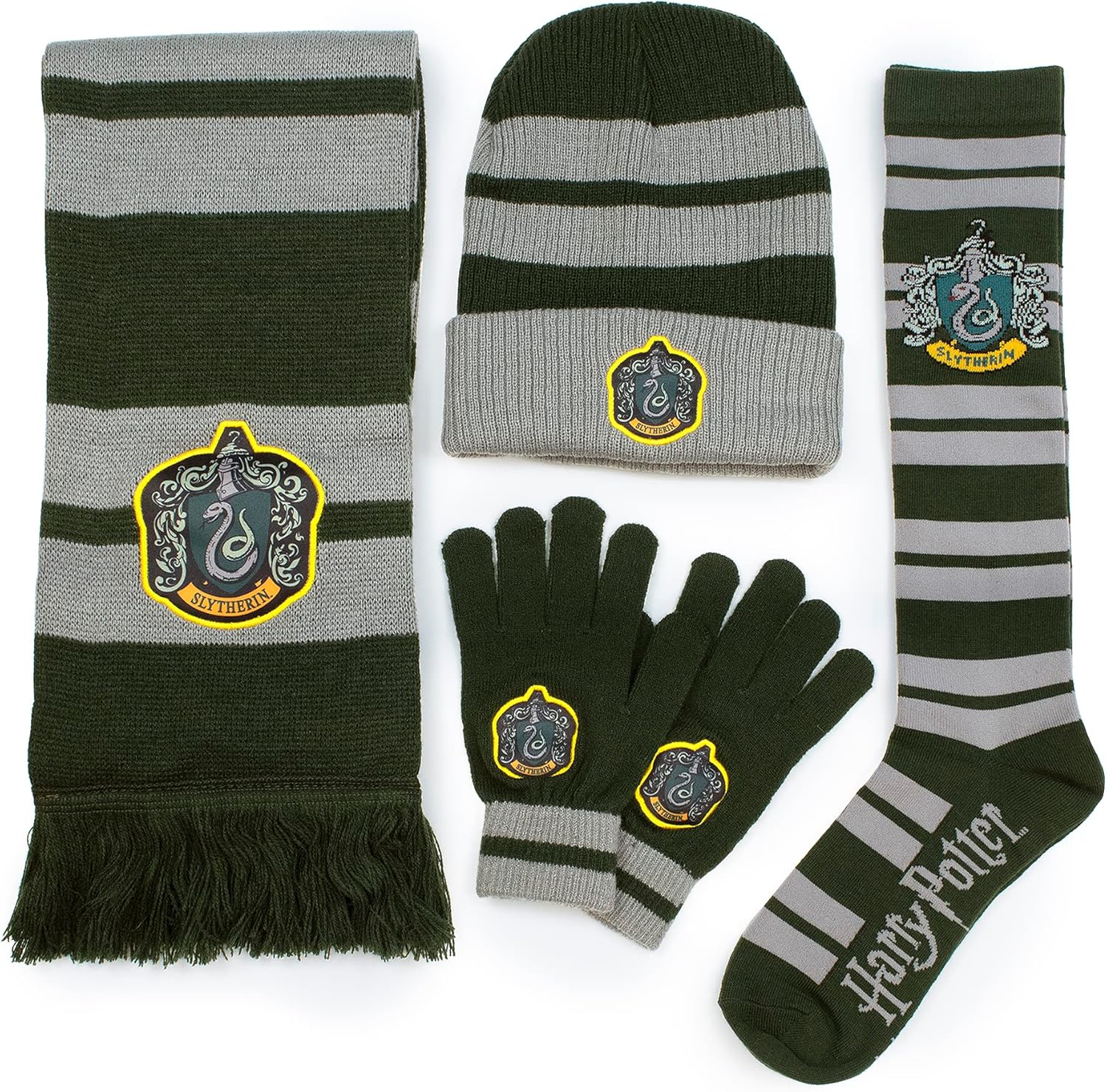 Culturefly Harry Potter Slytherin Premium 4pc Winter Bundle- Scarf, Gloves, Beanie, Socks One Size Fits Most Green