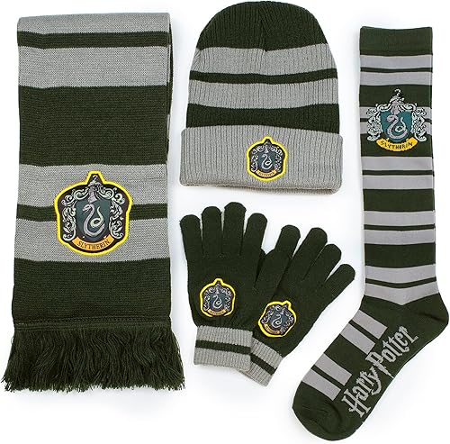 Culturefly Harry Potter Slytherin Premium - Paquete de invierno de 4 piezas, bufanda, guantes, gorro, calcetines, talla única para la mayoría de