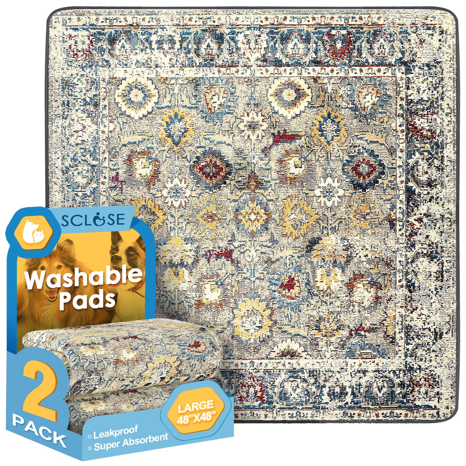 SCLOSE Washable Pee Pads for Dogs Large 2 Pack, 48" x 48" Reusable Puppy Pads Waterproof Dog Rugs, Super Absorbent, Leakproof, Dog Crate Pad, Playpen