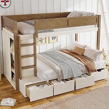 MERITLINE Twin Over Twin/Twin XL Over Full Bunk Bed with Wardrobe and 4 Drawers - Solid Wood Bunk Bed with Full Guardrails and Built-in Storage, No Box Spring Needed for Kids/Teens Beige & Natural