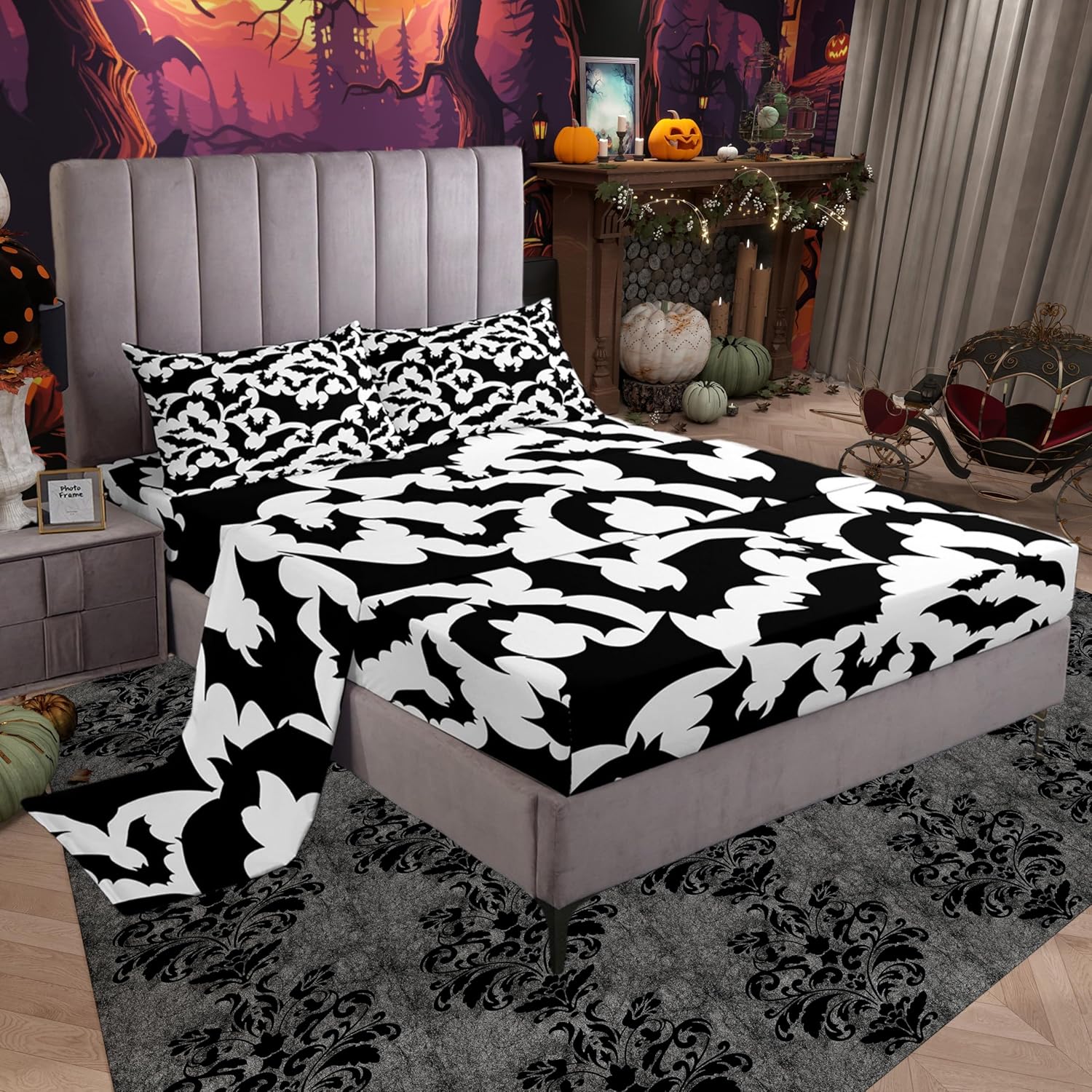 Halloween Bat Bed Sheet Set Queen Size,Black Bats Silhouette Animal Print Bedding Set for Children Adult,Happy Holiday Gothic Style White Sheet Sets with Flat, Fitted Sheet, 2 Pillowcases