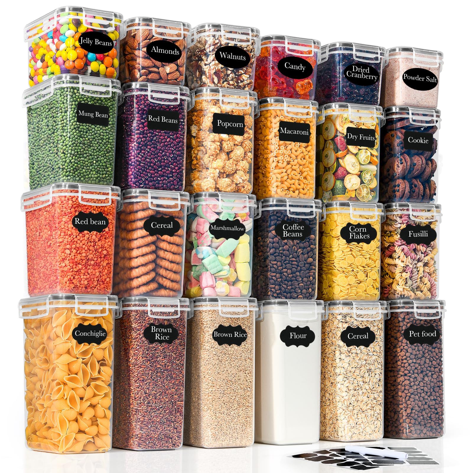 GoMaihe 24er Set Vorratsdosen mit Deckel Luftdicht: Frischhaltedosen mit Etiketten & Marker | Aufbewahrungsbox Küche für Müsli, Mehl, Cornflakes und Zucker | BPA-FREI | Spülmaschinenfes