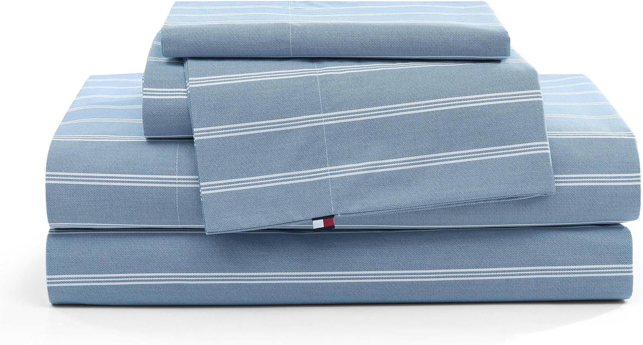 Tommy Hilfiger - Full Bed Sheets, Crisp & Cool Cotton Percale Bedding with Matching Pillowcases, Lightweight Bed Set, Oeko-Tex Certified (Effortless Stripe Blue)