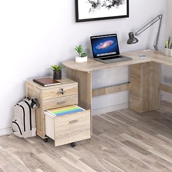 SHW Box File Rolling Mobile Cabinet with Side Pegboard, Maple