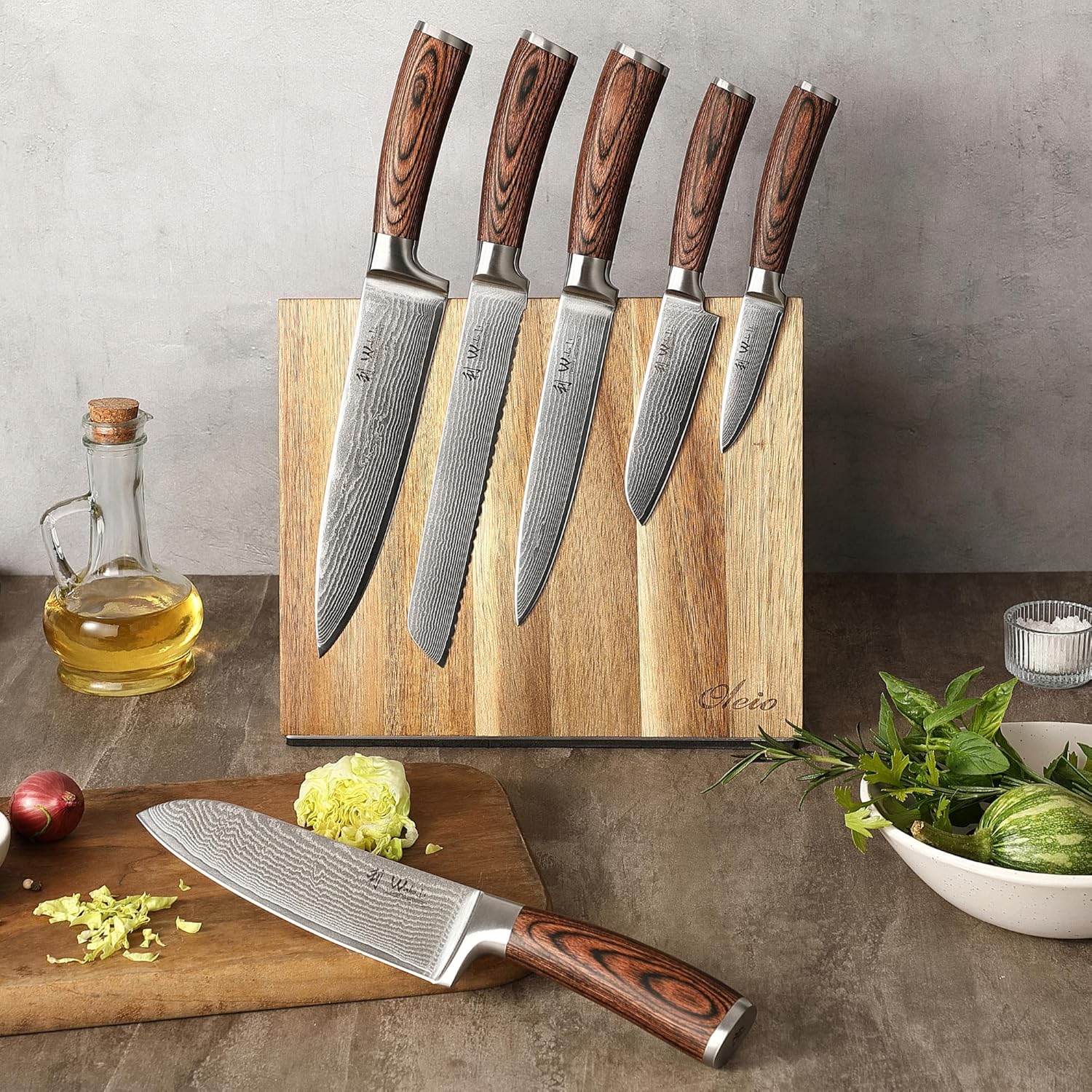 Wakoli EDIB 6-Piece Damascus Knife Block Set – Professional Kitchen Knives with Magnetic Acacia Block – Kitchen Knife Set made of 67-Layer Damascus Steel Blades & Ergonomic Pakkawood Handles - Image 5