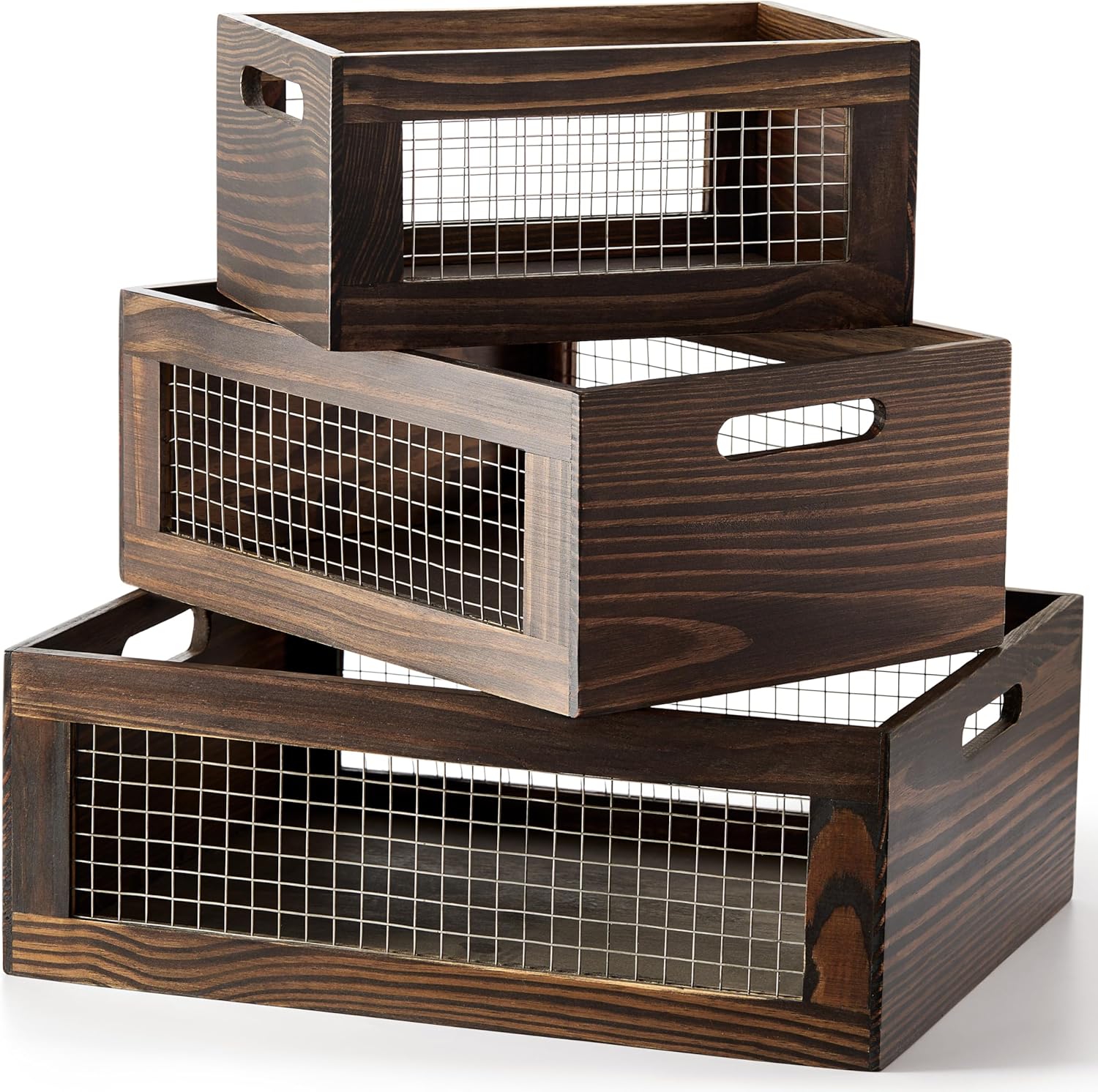 Set of 3 Extra Large Wooden Nesting Countertop Baskets, Rustic Wood Storage Organizer for Kitchen, Pantry or Bathroom – Fruit, Vegetables, Bread Crates with Handles (Largest 16")