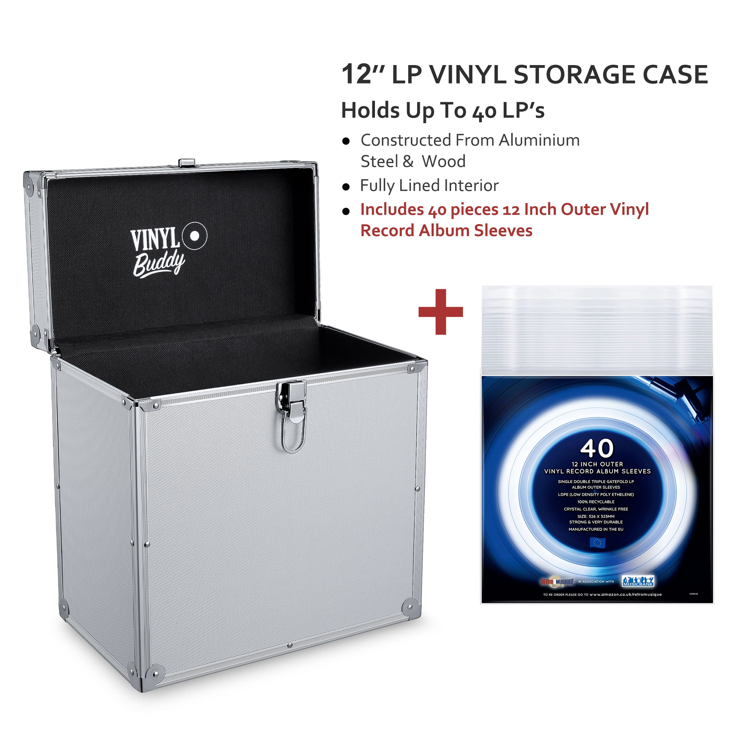 VINYL BUDDY 12'' Alluminium-Schallplattenkoffer, für bis zu 40 LPs, inklusive 40x 12-Zoll-Äußere Schallplattenhüllen', argento, 33 cm x 34 cm x 19 cm, Valigia