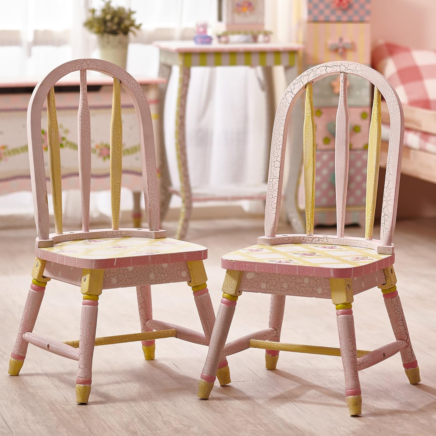 Holiday Deals 🛒 Teamson Design Corp Fantasy Fields Crackled Rose Thematic Kids Wooden 2 Chairs Set Imagination Inspiring Hand Crafted & Hand Painted Details Non-Toxic Lead Free Water-Based Paint