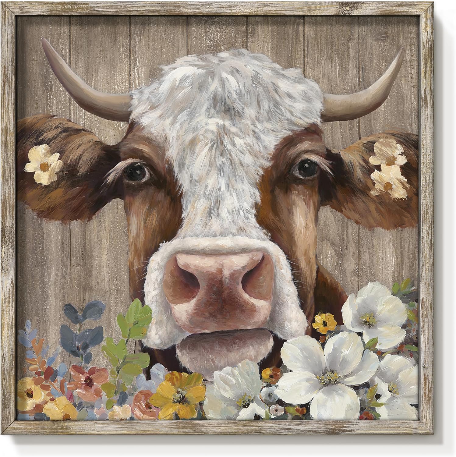 Cute Cattle Framed Wall Art Decor: Country Farmhouse Cow Wooden Painting Rustic Farm Animal Picture Modern Calf with flowers Artwork for Home Guestroom 24" x 24"