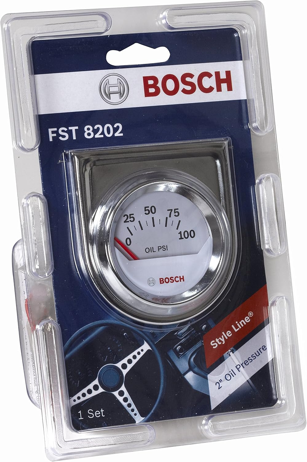 Bosch SP0F000041 Style Line 2" Electrical Oil Pressure Gauge (White Dial Face, Chrome Bezel)