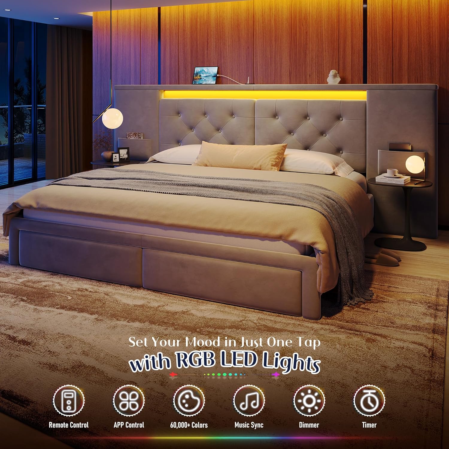 Homkdom Queen Size Bed Frame with Oversized Headboard, Velvet Platform Bed Frame with 2 Storage Drawers,LED Light,Charging Station,No Box Spring Needed,Noise-Free,Grey