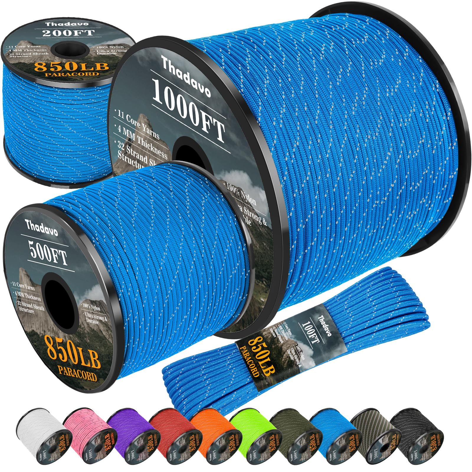 Reflective Paracord Rope 850Ib, 50/100/200/500/1000ft 4MM 11 Strand para Cords Lanyard Utility Parachute Cord for Tent Camping Hiking Survival Tactical Clothesline DIY Projects (Blue, 200FT)-image-16