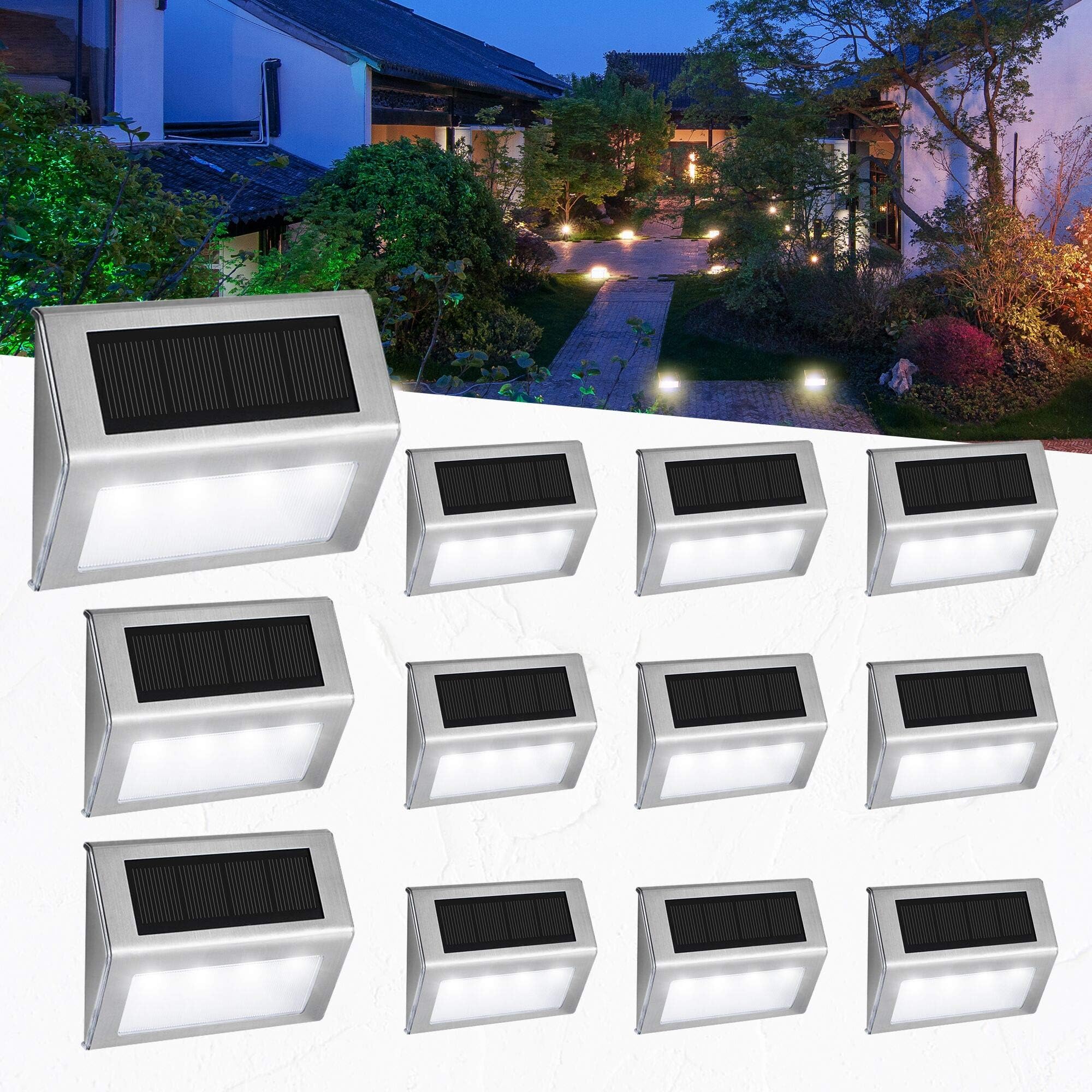 Solar Fence Lights Outdoor Garden, 4 LED Stainless Steel Decorative Decking Light, 6 Pack Waterproof Step Lights for Stair Wall Patio Yard Path Fence Gate (White Light)