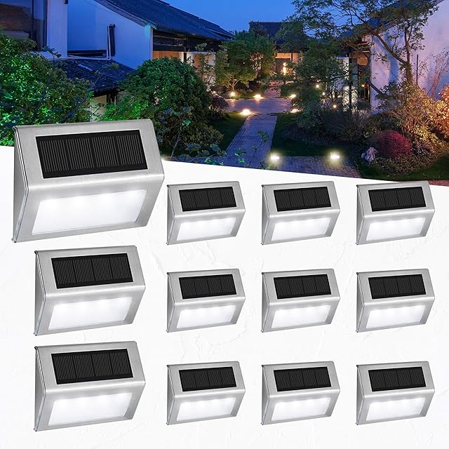 [12 Pack] Upgraded Solar Garden Lights 4 LED Easternstar, Solar Step Deck Lights Outdoor Waterproof Stainless Steel Wireless Illuminate for Stair Wall Patio Yard Path Fence Gate