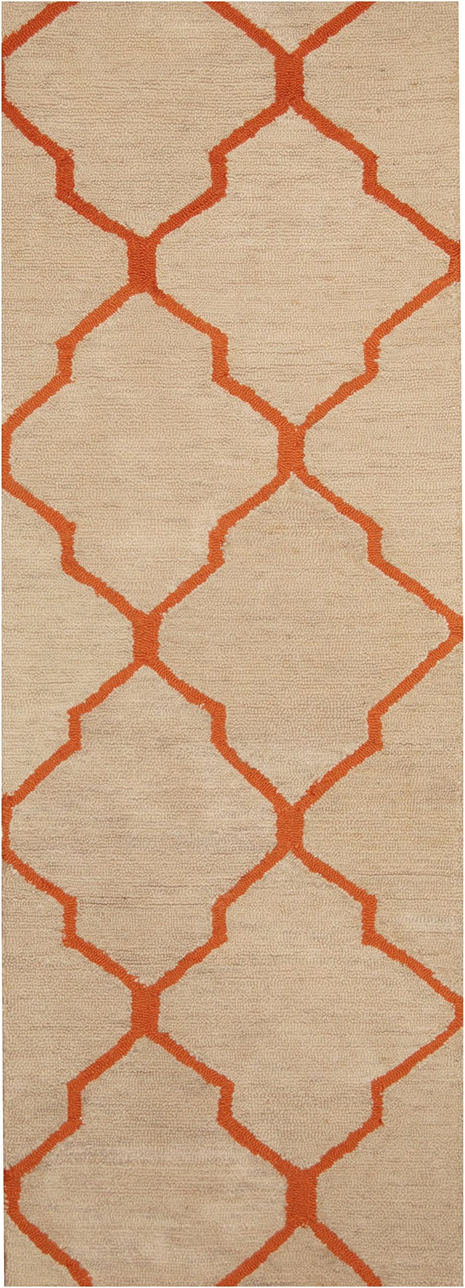 Herat Oriental Trellis Wavy Pattern Indo Hand-Tufted Wool Rug, 84" x 30", Ivory/Orange