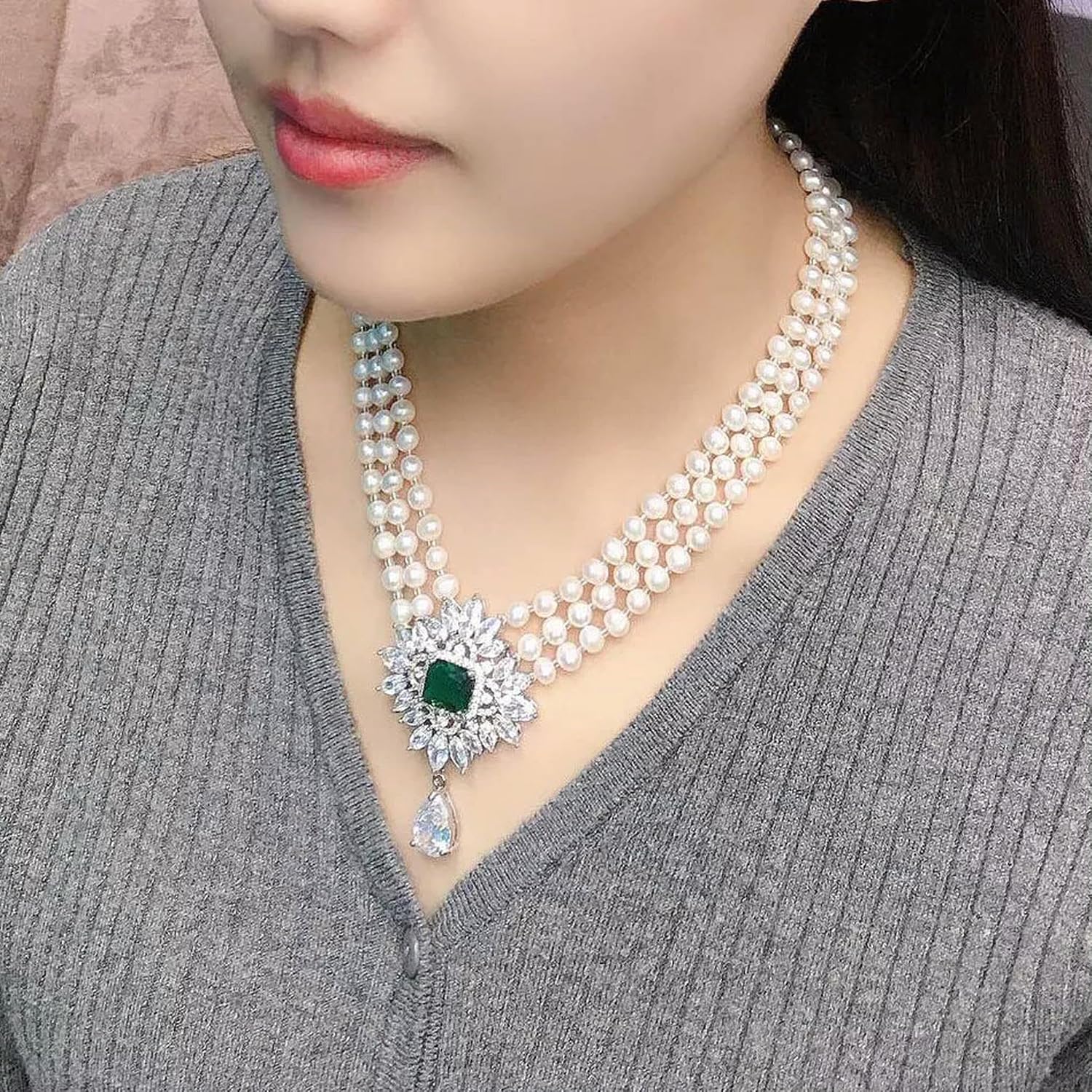 3 Strand Natural 7-8mm White Freshwater Pearl Necklace 18-20" for Women