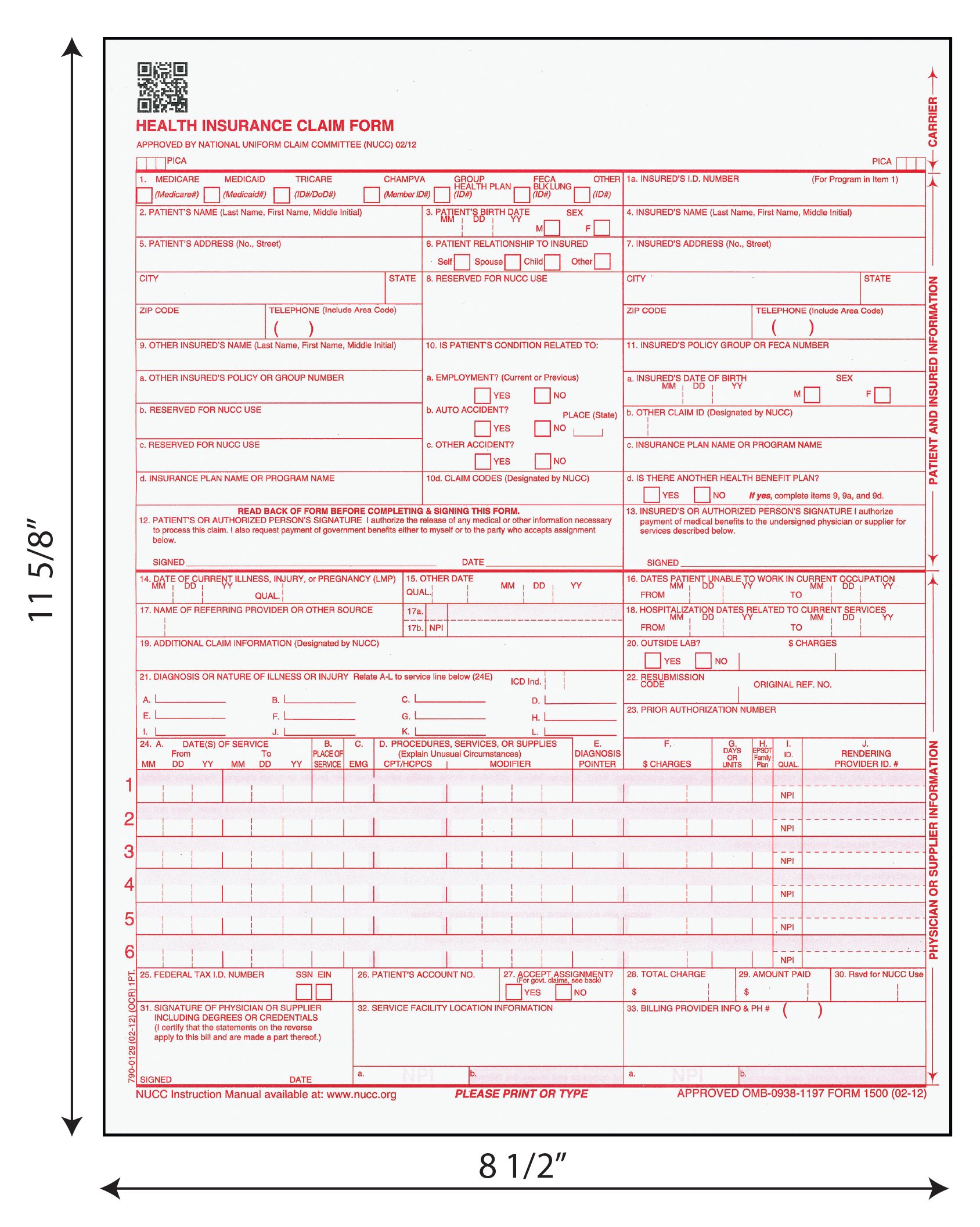 Tabbies Health Insurance Claim Forms, Approved by National Uniform Claim Committee (NUCC), HCFA/CMS 1500, 8-1/2" x 11", 500 Sheets/Pack