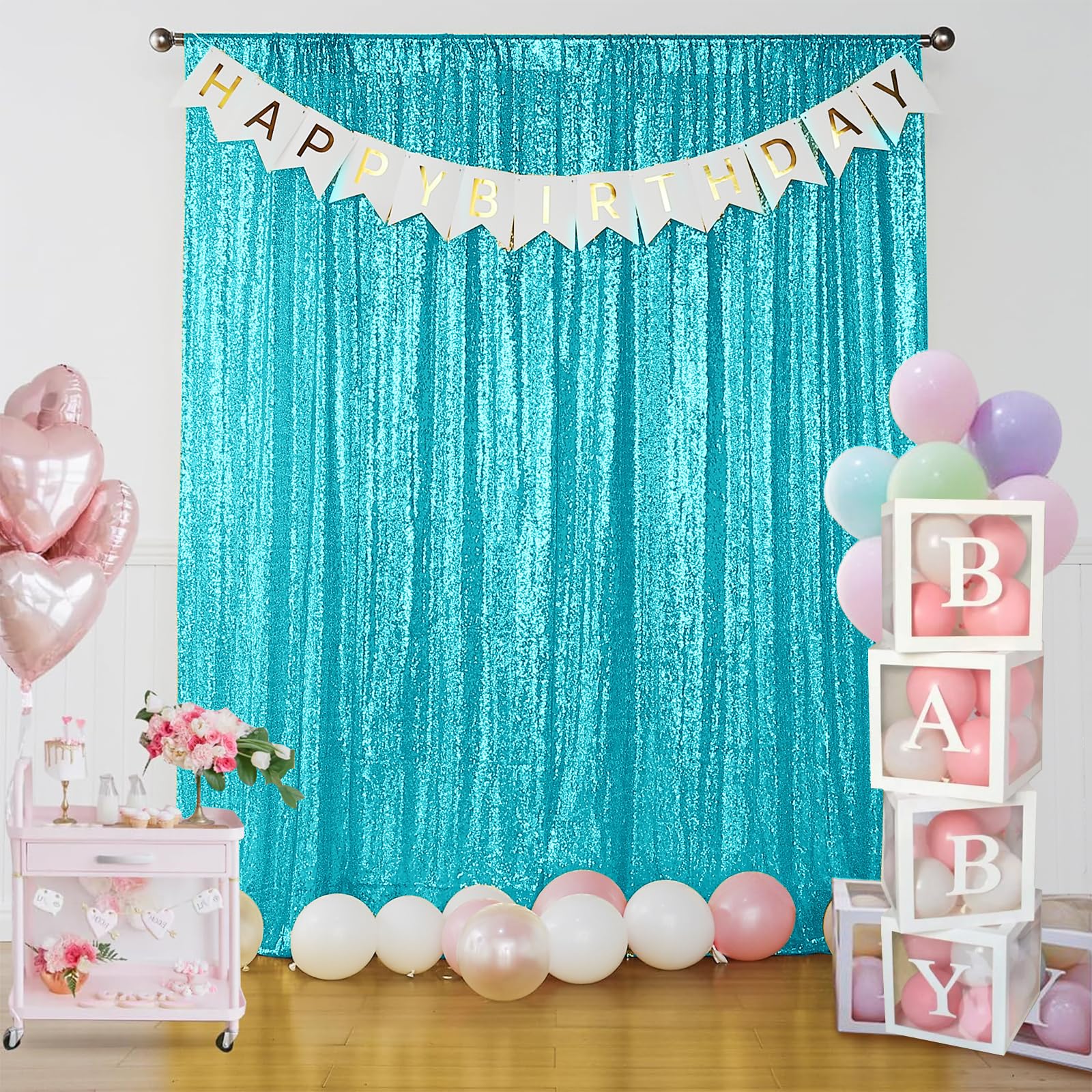 Sugargirl Turkusowe cekinowe tło zasłona 4 panele 62 x 20 cm brokatowe turkusowe tło zasłony błyszczące fotografia tło na imprezę ślub urodziny dekoracja ścienna