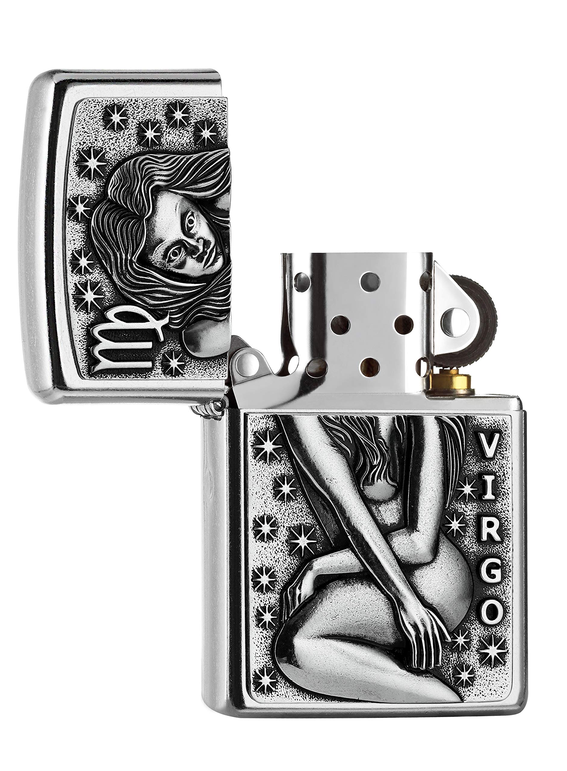 Zippo Accendino da Tempesta – Zodiac Virgo, Street Chrome, Emblema – Ricaricabile – Riutilizzabile – Design Antivento – Confezione Regalo – Made in USA