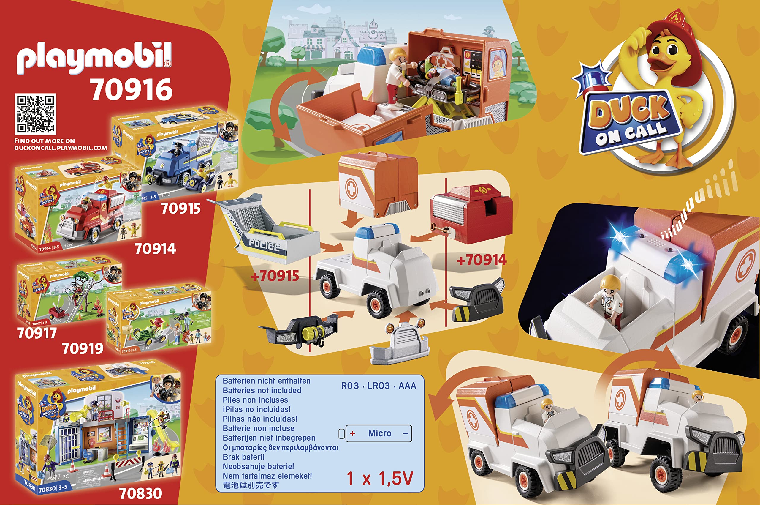 PLAYMOBIL 70916 Duck on Call Vehículo de Emergencia Ambulancia, con luz y Sonido, Juguetes para niños a Partir de 3 años, Multicolor