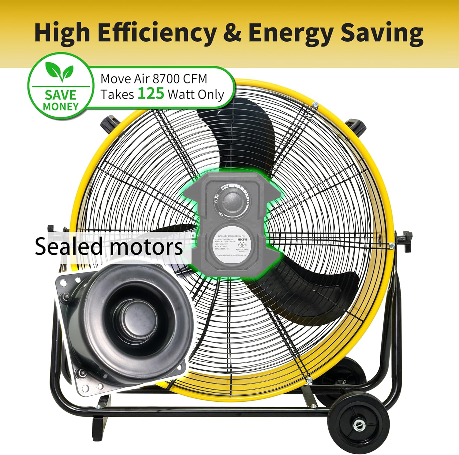 HiCFM 24" 8900 CFM Heavy Duty High Velocity Barrel Floor Drum Fan with DC Brushless Motor, Stepless Speed Adjustment 360-degree Tilting for Workshop, Garage, Commercial or Industrial Use, UL Listed