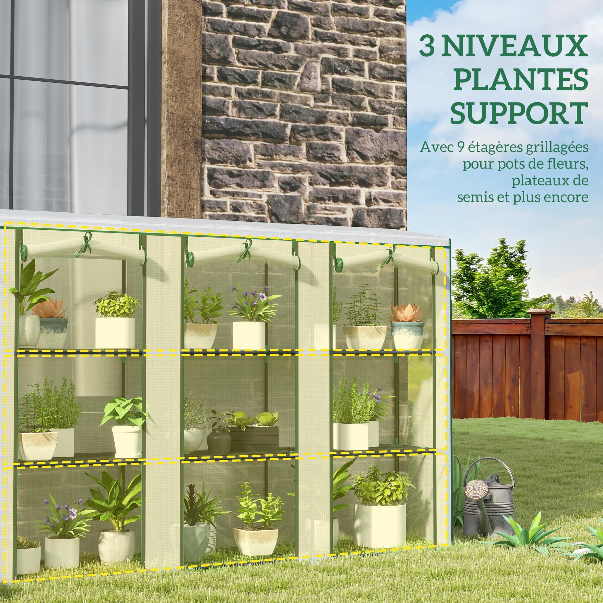 Outsunny Serre de Jardin PE avec étagères 3 Niveaux, Serre de Balcon, bâche renforcée 140 g/m², châssis en Acier, 2 Portes zippées enroulables pour légumes Plantes Fleurs 215x46x151cm Blanc