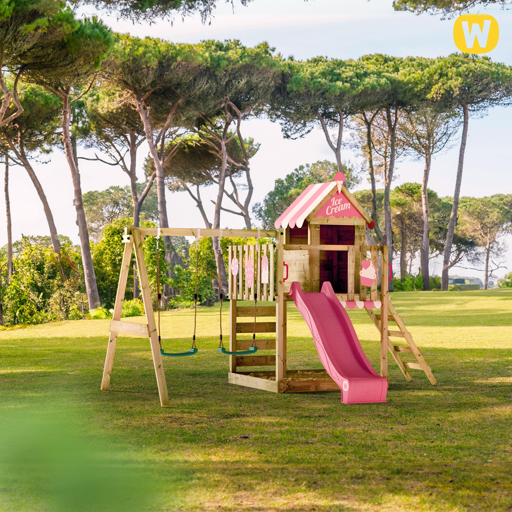 WICKEY Aire de jeux Portique bois FreeFlyer avec balançoire et toboggan