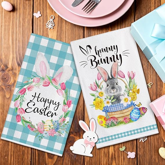 Hexagram Easter Kitchen Towels 18'x 28', Bunny Easter Hand Towels for Bathroom Set of 2, Bunny Decor