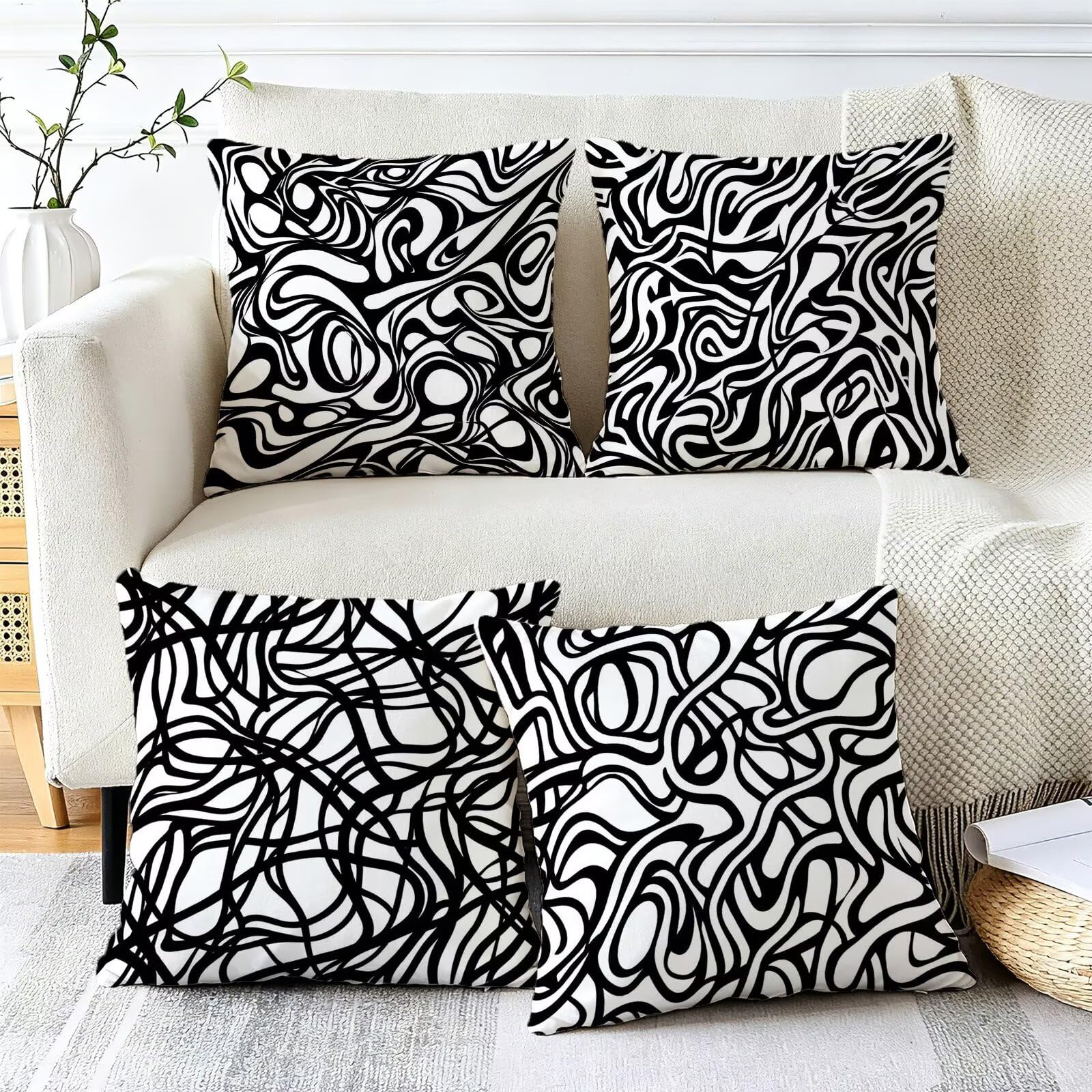Cojines Exterior En Blanco Y Negro Funda Almohada 45x45 Juego de 4, Cod-466