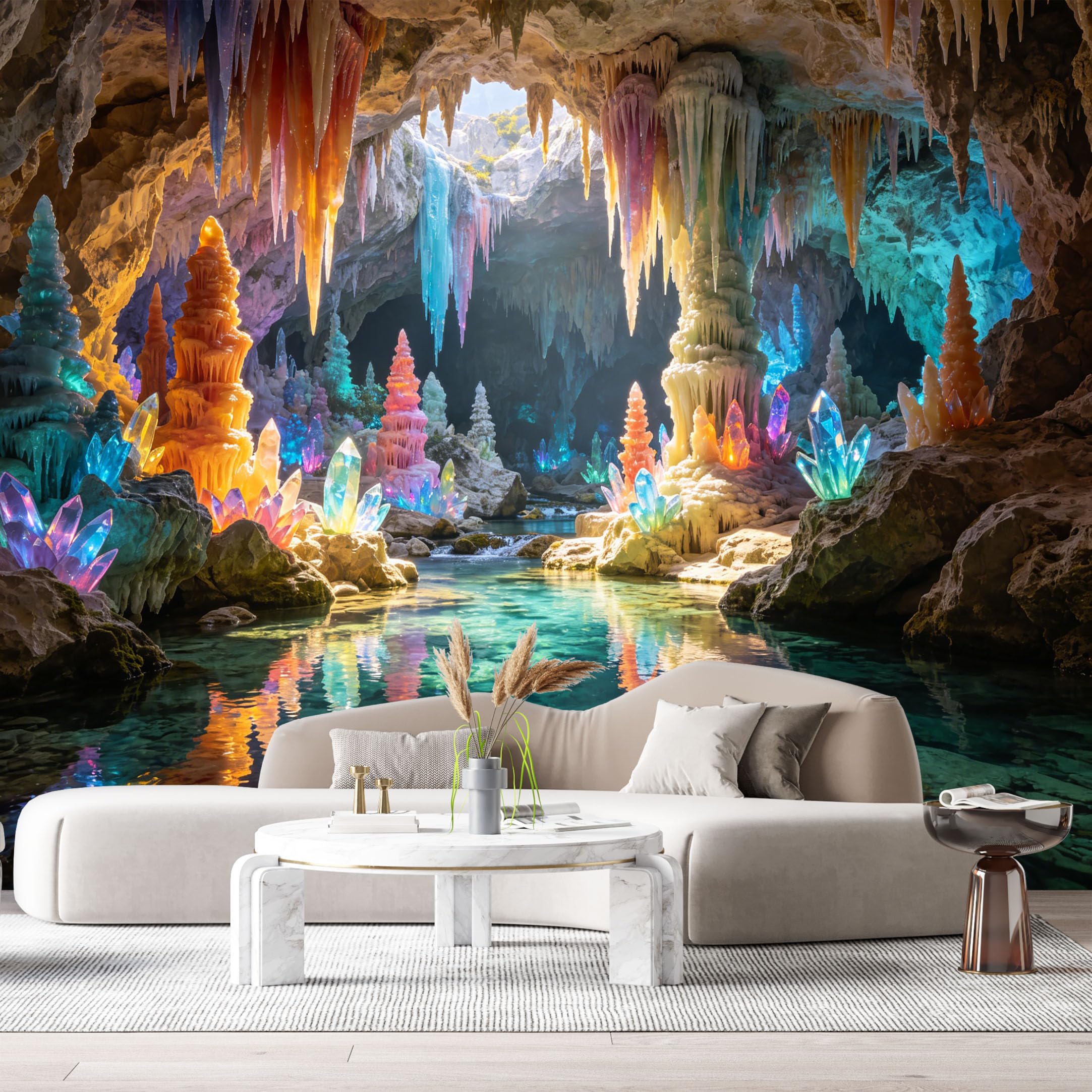 Custom Size Wall Murals Colorful Crystal Cave Stalactite Underground River 3D Trompe L'Oeil SelfAdhesive Wall Fabric Removable Large Wallpaper for Photo Living Room